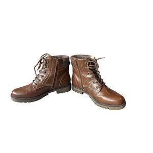 Eve & Zoe Brown Faux Leather Lace Up Zip Ankle Boots Knit Collar Size 9M